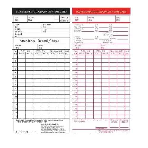 Biosystem Time Card 100s/Pkt (All Brand)