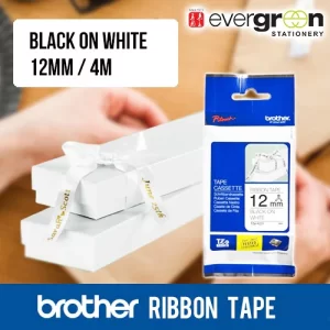 Brother Tze-R231 12mm Black on White Ribbon Tape, 4m long